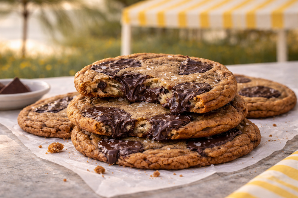 Stack of chocolate chip cookies on a table with a blurred outdoor background