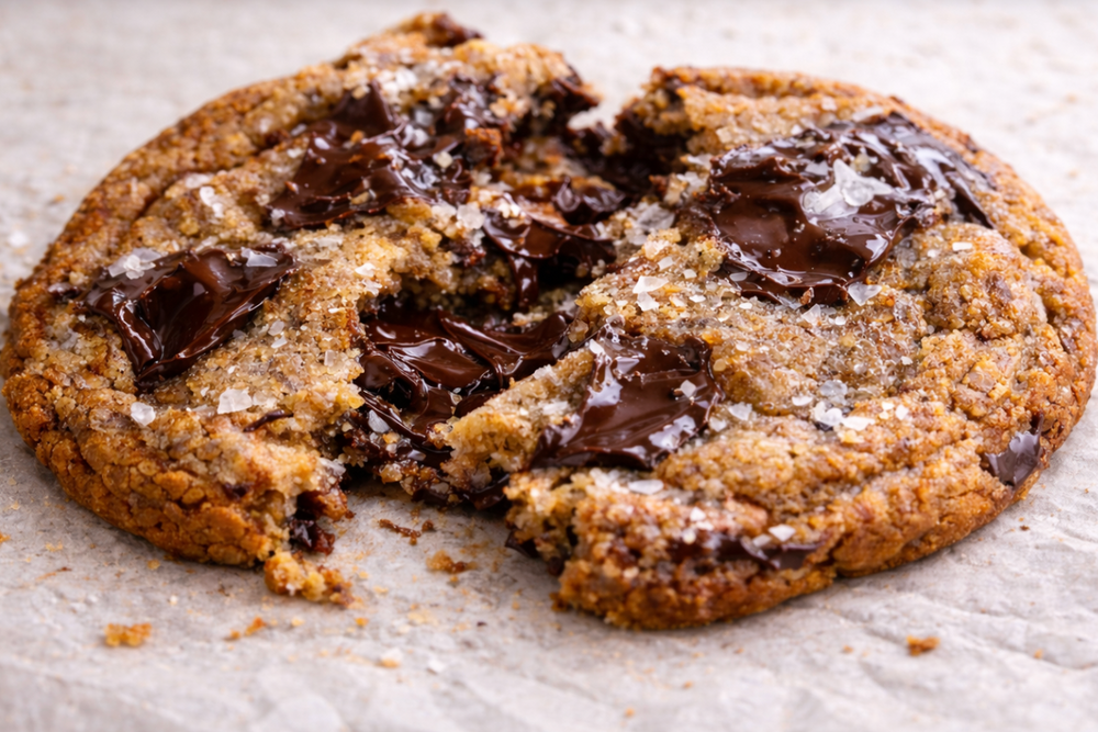 Chocolate chip cookie with a bite taken out on a light background